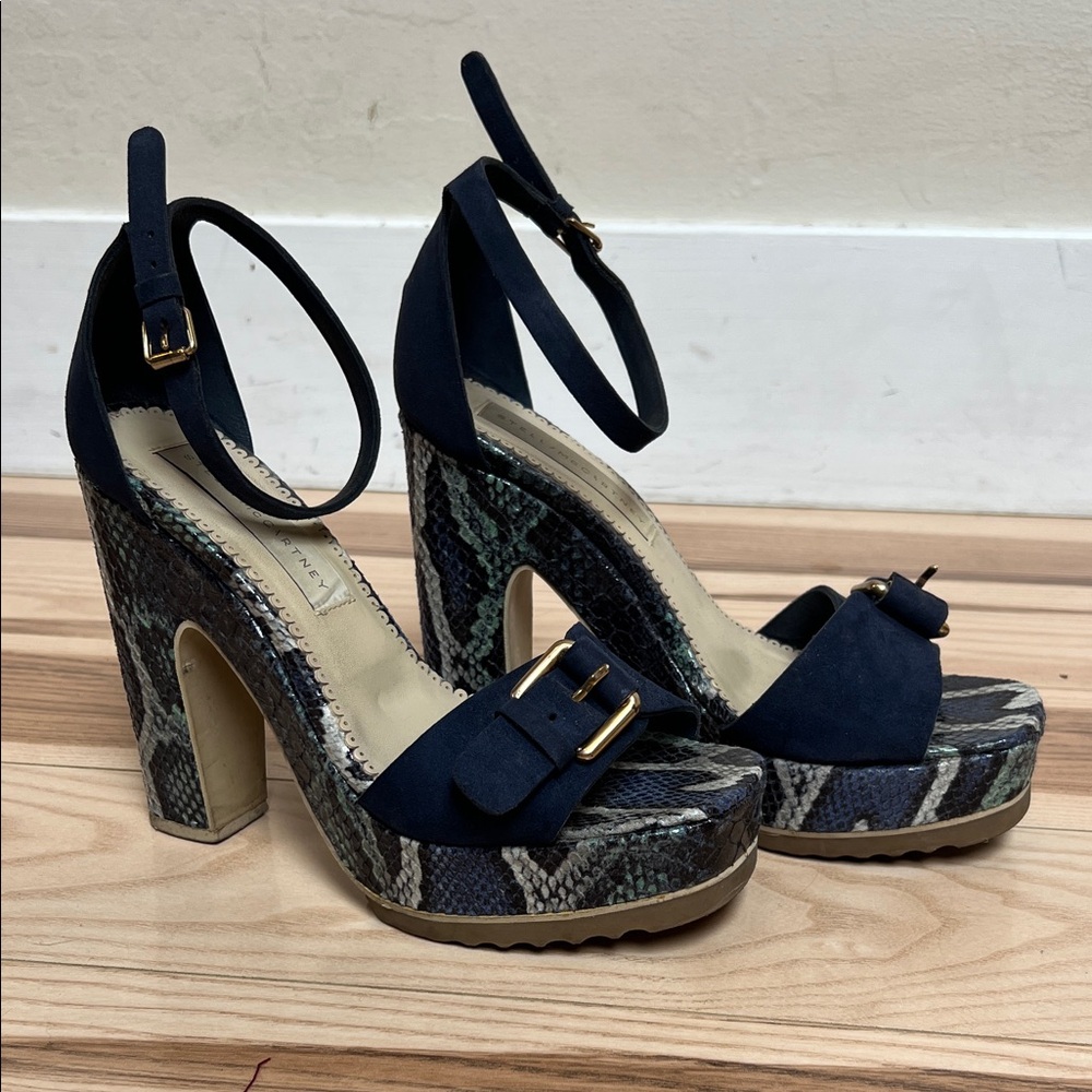 Stella McCartney navy faux suede and python print ankle strap platform heel